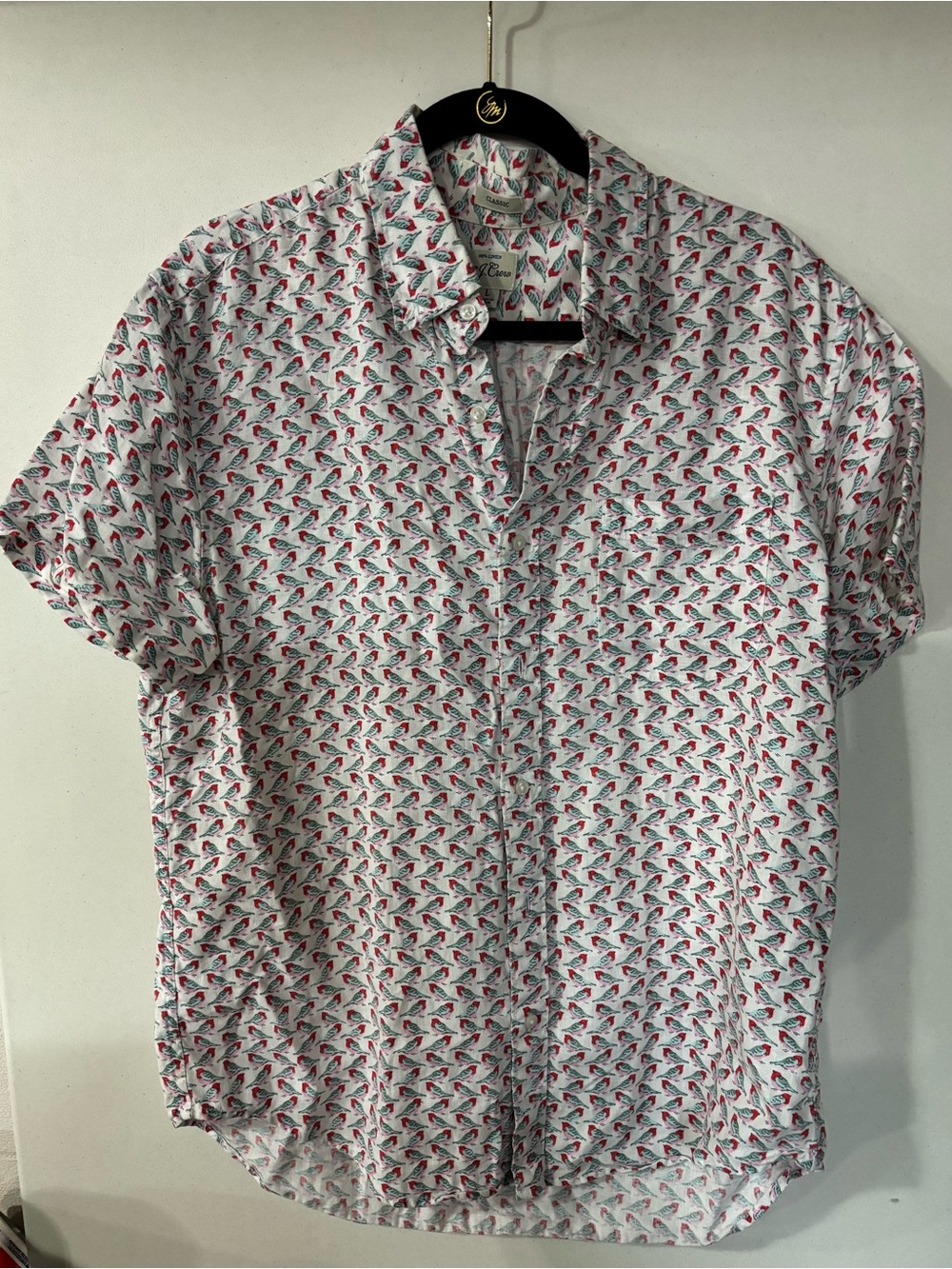 J CREW MENS SZ L LINEN ALL OVER BIRD BUTTON UP SHIRT GUC